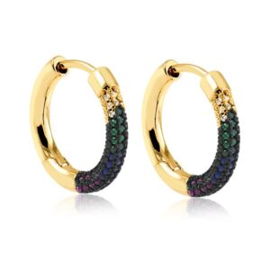 Brinco argola dourada com zirconias coloridas folheado a ouro 18k semijoia Brinco argola dourada com zirconias coloridas folheado a ouro 18k semijoia