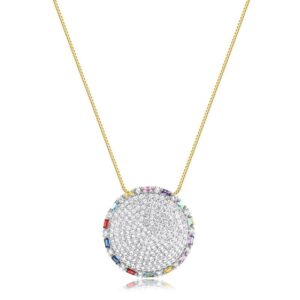 Colar banhado a ouro 18k Intuê círculo com microzircônias internas e na volta zircônias coloridas semijoia Colar banhado a ouro 18k Intuê círculo com microzircônias internas e na volta zircônias coloridas semijoia