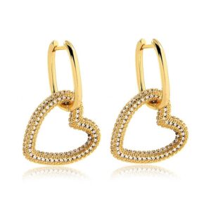 Brinco dourado argola coração click com zircônias semijoia Brinco dourado argola coração click com zircônias semijoia