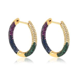 Brinco dourado argola click zircônias coloridas frente e verso folheada a ouro 18k, semijoia Brinco dourado argola click zircônias coloridas frente e verso folheada a ouro 18k, semijoia
