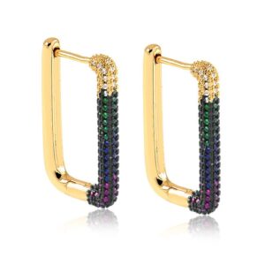 Brinco dourado argola retangular click com zircônias coloridas, folheado a ouro 18k, semijoia Brinco dourado argola retangular click com zircônias coloridas, folheado a ouro 18k, semijoia