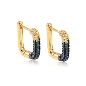Brinco argola click retangular com zircônias coloridas, folheado a ouro 18k, semijoia Brinco argola click retangular com zircônias coloridas, folheado a ouro 18k, semijoia