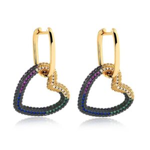 Brinco dourado argola click coração pendente com zircônias coloridas semijoia Brinco dourado argola click coração pendente com zircônias coloridas semijoia