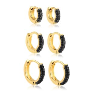 Brinco Intuê trio de argolas zirconia negra 2 fileiras click banhadas a ouro 18k semijoia Brinco Intuê trio de argolas zirconia negra 2 fileiras click banhadas a ouro 18k semijoia