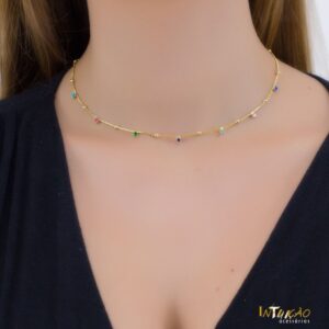 Colar Intuê dourado com zirconias coloridas e mini bolinha entre as zircônias, semijoia Colar Intuê dourado com zirconias coloridas e mini bolinha entre as zircônias, semijoia