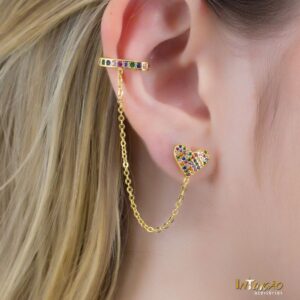 Brinco ear line coração zirconia colorida banhado a ouro 18k Brinco ear line coração zirconia colorida banhado a ouro 18k