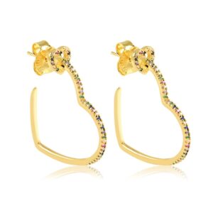 Brinco dourado argola zircônias coloridas coração M semijoia Brinco dourado argola zircônias coloridas coração M semijoia