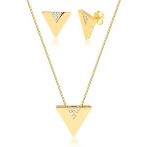 Conjunto dourado liso com detalhe V em zircônia folheado a ouro 18k semijoia Conjunto dourado liso com detalhe V em zircônia folheado a ouro 18k semijoia