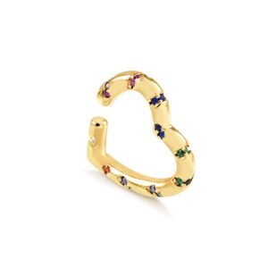 Brinco piercing fake unitário coração zircônias coloridas folheado a ouro 18k, semijoia Brinco piercing fake unitário coração zircônias coloridas folheado a ouro 18k, semijoia