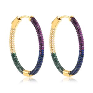 Brinco dourado argola oval com zircônias coloridas semijoia Brinco dourado argola oval com zircônias coloridas semijoia