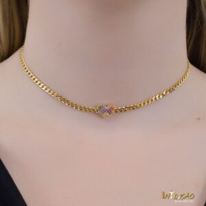 Colar Elos Grumet Intuê coração colorido banhado a ouro 18k Colar Elos Grumet Intuê coração colorido banhado a ouro 18k