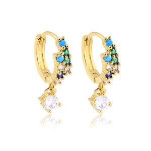 Brinco dourado argola zircônia colorida com uma zircônia pendente semijoia Brinco dourado argola zircônia colorida com uma zircônia pendente semijoia