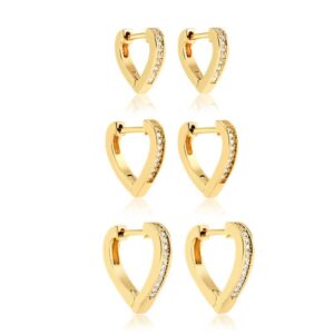 Brinco trio de argolas coração com zircônias folheado a ouro 18k semijoia Brinco trio de argolas coração com zircônias folheado a ouro 18k semijoia