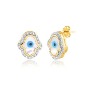 Brinco dourado mão de Fátima banhado a ouro 18k com zircônias Brinco dourado mão de Fátima banhado a ouro 18k com zircônias