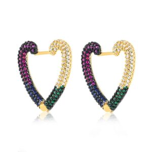 Brinco argola click coração com zircônias coloridas, folheado a ouro, semijoia Brinco argola click coração com zircônias coloridas, folheado a ouro, semijoia