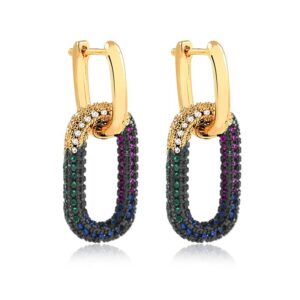 Brinco dourado argola click oval com zircônias coloridas folheado a ouro 18k semijoia Brinco dourado argola click oval com zircônias coloridas folheado a ouro 18k semijoia